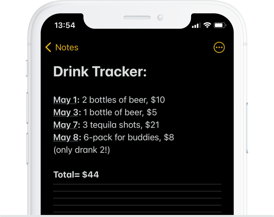notes in smartphone for drink tracker